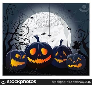 Jack o lanterns and cobweb with spiders against moonlight vector illustration. Halloween night background. Holiday concept. For websites, wallpapers, banners or posters. Jack o lanterns and cobweb with spiders against moonlight vector