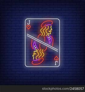 Jack of hearts playing card neon sign. Gambling, poker, casino, game design. Night bright neon sign, colorful billboard, light banner. Vector illustration in neon style.