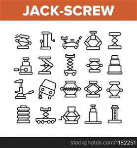 Jack-screw Equipment Collection Icons Set Vector Thin Line. Mechanical, Hydraulic And Air Car Jack-screw, Service Tool For Repair Wheel Concept Linear Pictograms. Monochrome Contour Illustrations. Jack-screw Equipment Collection Icons Set Vector