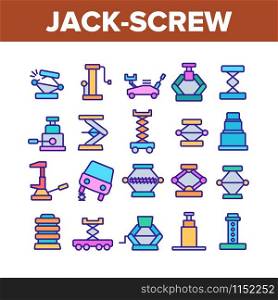 Jack-screw Equipment Collection Icons Set Vector Thin Line. Mechanical, Hydraulic And Air Car Jack-screw, Service Tool For Repair Wheel Concept Linear Pictograms. Color Contour Illustrations. Jack-screw Equipment Collection Icons Set Vector