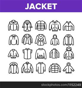 Jacket Fashion Clothes Collection Icons Set Vector Thin Line. Man, Woman And Unisex Jacket, Fashionable Sweatshirt Clothing Concept Linear Pictograms. Monochrome Contour Illustrations. Jacket Fashion Clothes Collection Icons Set Vector