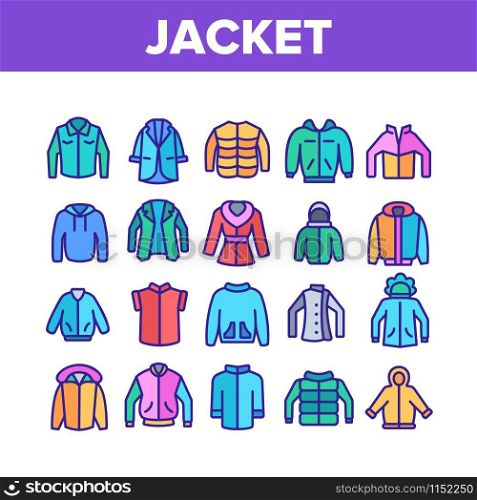 Jacket Fashion Clothes Collection Icons Set Vector Thin Line. Man, Woman And Unisex Jacket, Fashionable Sweatshirt Clothing Concept Linear Pictograms. Color Illustrations. Jacket Fashion Clothes Collection Icons Set Vector