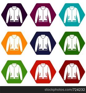 Jacket icon set many color hexahedron isolated on white vector illustration. Jacket icon set color hexahedron
