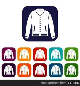 Jacket icons set vector illustration in flat style In colors red, blue, green and other. Jacket icons set flat
