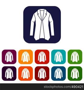 Jacket icons set vector illustration in flat style in colors red, blue, green, and other. Jacket icons set