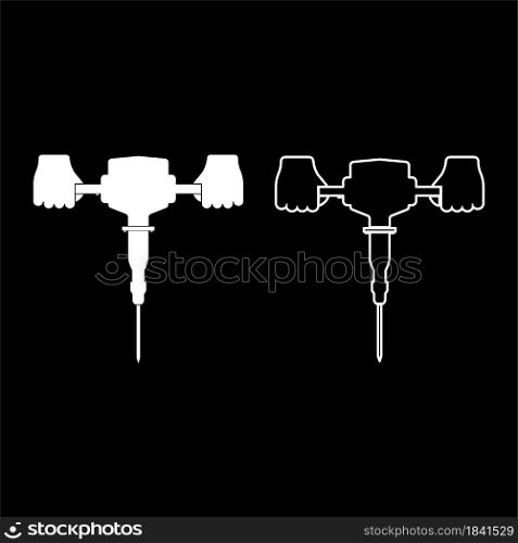 Jackhammer in hand holding power tool use Arm using electric instrument icon white color vector illustration flat style simple image set. Jackhammer in hand holding power tool use Arm using electric instrument icon white color vector illustration flat style image set