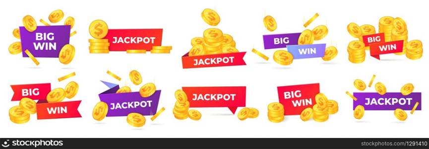Jackpot and big win labels. Winner congratulations banner, money prize and casino prizes label vector set. Illustration jackpot win, casino game emblem with golden coins. Jackpot and big win labels. Winner congratulations banner, money prize and casino prizes label vector set