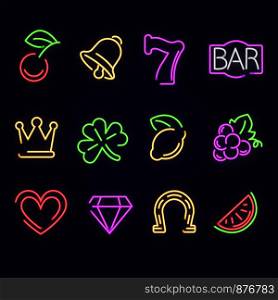 Jackpot bingo neon signs or web icons for casino poker design. Vector isolate icons of bell, horseshoe or seven and bar, crown with shamrock or fruits with heart and diamond or horseshoe. Jackpot neon sign vecor slot machine web icons