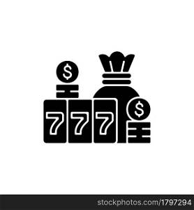 Jackpot black glyph icon. Top prize in gambling game. Winning large cash reward in lottery. Cumulative stakes in poker game. Silhouette symbol on white space. Vector isolated illustration. Jackpot black glyph icon