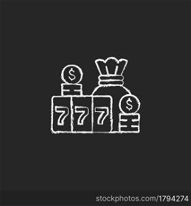 Jackpot chalk white icon on dark background. Top prize in gambling game. Winning large cash reward in lottery. Cumulative stakes in poker game. Isolated vector chalkboard illustration on black. Jackpot chalk white icon on dark background