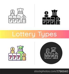 Jackpot icon. Top prize in gambling game. Winning large cash reward in lottery. Cumulative stakes in poker game. Money prize pool. Linear black and RGB color styles. Isolated vector illustrations. Jackpot icon