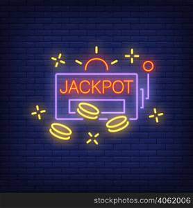 Jackpot neon sign. Slot machine shape with chips or coins on brick wall background. Night bright advertisement. Vector illustration in neon style for gambling