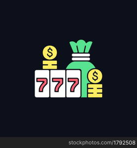 Jackpot RGB color icon for dark theme. Top prize in gambling game. Winning large cash reward in lottery. Isolated vector illustration on night mode background. Simple filled line drawing on black. Jackpot RGB color icon for dark theme
