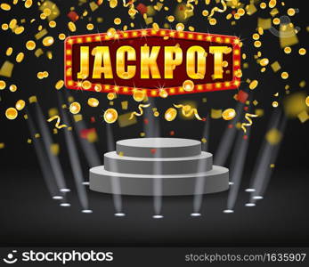 Jackpot shining banner podium winner falling gold coins, confetti. Round stage pedestal fo award ceremony. Vector illustration isolated. Jackpot shining banner podium winner falling gold coins, confetti. Round stage pedestal fo award ceremony. Vector illustration