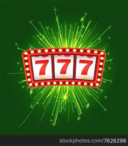 Jackpot sign with firework, cover of winning, lottery bingo. Gambling logo with 777 icons and sparkle on green, game machine, business success vector. Business Success, 777 Icons, Game Machine Vector