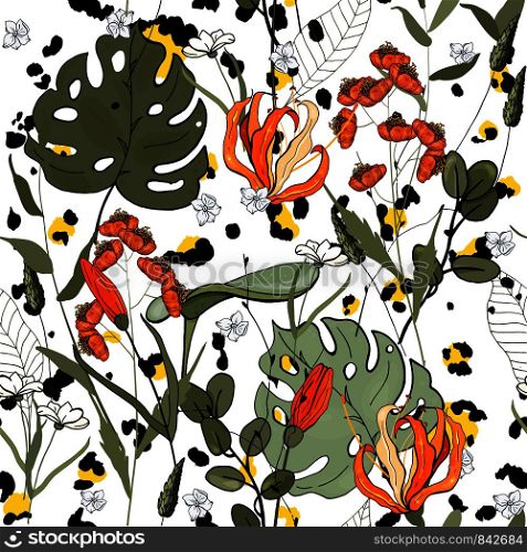 Jaguar illustration and orange flower pattern for wallpaper design. Abstract fashion style seamless background. Vector floral print.