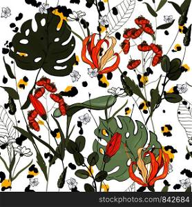 Jaguar illustration and orange flower pattern for wallpaper design. Abstract fashion style seamless background. Vector floral print.