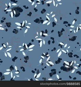 Jaguar illustration blue and white flower pattern for wallpaper design. Abstract fashion style seamless background. Vector floral print with orange elements.  