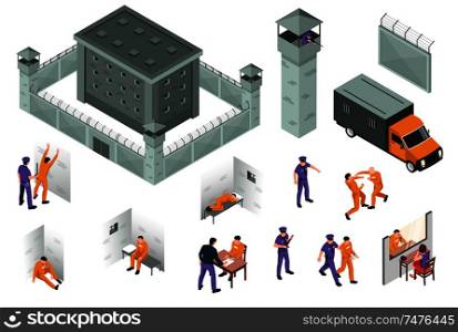 Jail isometric icons set of prison building surrounded by fence with barbed wire and towers and special truck for transport of prisoners and arrested vector illustration