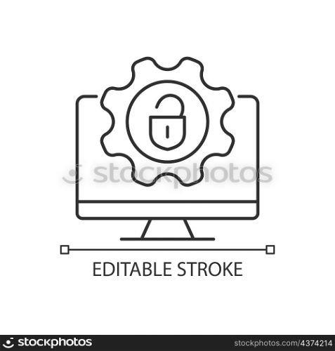 Jailbreak linear icon. Remove manufacturers restriction. Install phone software. Thin line customizable illustration. Contour symbol. Vector isolated outline drawing. Editable stroke. Arial font used. Jailbreak linear icon