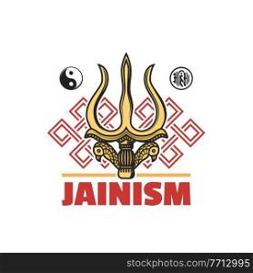 Jainism religion symbol isolated vector icon with Jain Dharma religious signs. Ahimsa, yin yang, endless knot or srivatsa and gold trident of Shiva God or trishul, Indian religion themes. Jainism religion symbol icon, Jain Dharma signs