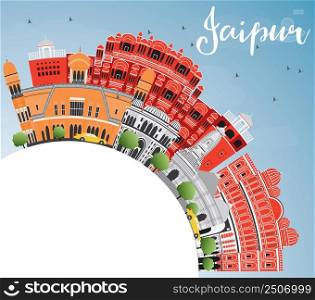 Jaipur Skyline with Color Landmarks, Blue Sky and Copy Space. Vector Illustration. Business Travel and Tourism Concept with Historic Buildings. Image for Presentation Banner Placard and Web Site.
