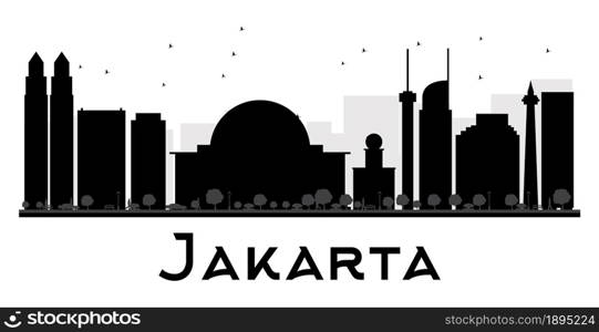 Jakarta City skyline black and white silhouette. Vector illustration. Simple flat concept for tourism presentation, banner, placard or web site. Business travel concept. Cityscape with landmarks