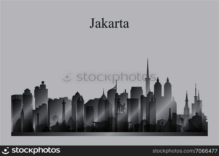 Jakarta city skyline silhouette in grayscale vector illustration