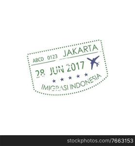 Jakarta immigration office visa st&isolated. Vector Indonesia border control sign, plane and date. Indonesia visa st&isolated Jakarta airport sign