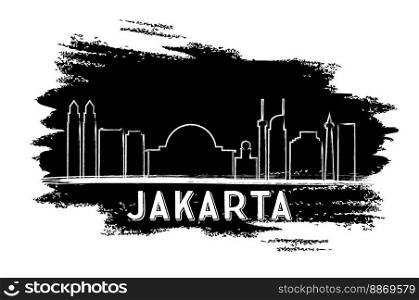 Jakarta Skyline Silhouette. Hand Drawn Sketch. Vector Illustration. Business Travel and Tourism Concept with Modern Architecture. Image for Presentation Banner Placard and Web Site.