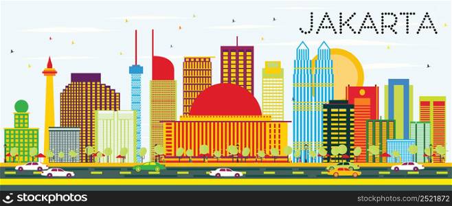 Jakarta Skyline with Color Buildings and Blue Sky. Vector Illustration. Business Travel and Tourism Concept with Modern Buildings. Image for Presentation and Banner.