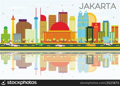 Jakarta Skyline with Color Buildings, Blue Sky and Reflections. Vector Illustration. Business Travel and Tourism Concept with Modern Buildings. Image for Presentation and Banner.