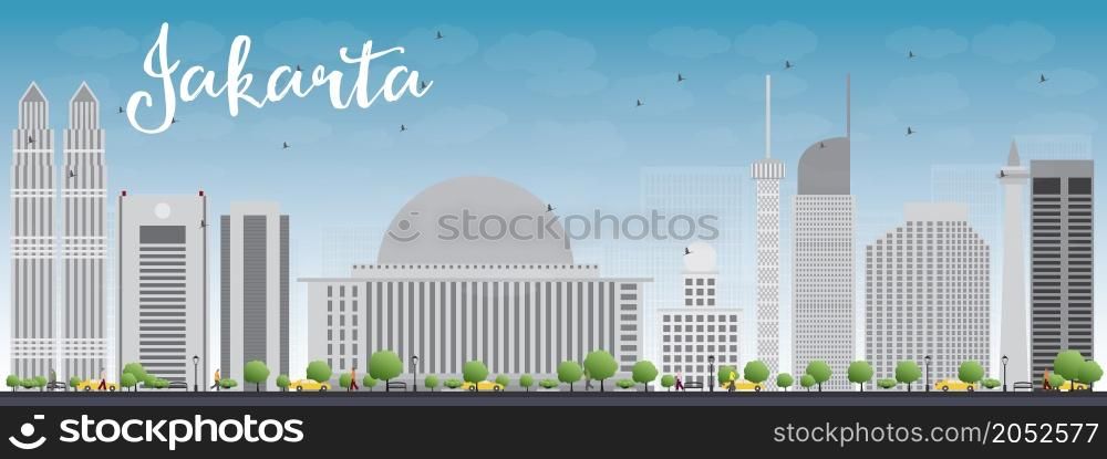 Jakarta skyline with grey landmarks and blue sky. Vector illustration. Business travel and tourism concept with historic buildings. Image for presentation, banner, placard and web site.