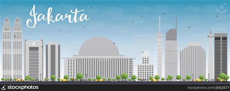 Jakarta skyline with grey landmarks and blue sky. Vector illustration. Business travel and tourism concept with historic buildings. Image for presentation, banner, placard and web site.