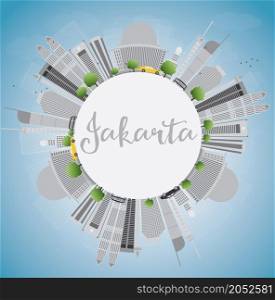 Jakarta skyline with grey landmarks, blue sky and copy space. Vector illustration. Business travel and tourism concept with place for text. Image for presentation, banner, placard and web site.