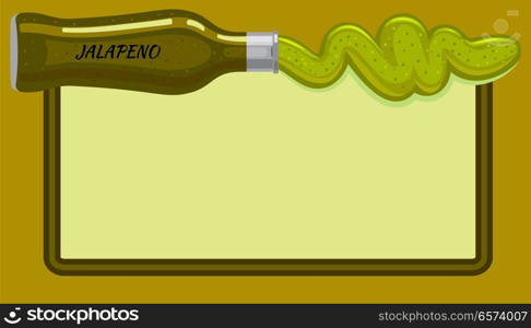 Jalapeno sauce in and out glass bottle on light background with green picture border. Spicy condiment for making food tasty made of pepper. Vector cooking illustration with special space for recipes.. Jalapeno Sauce in and out lying Bottle on Light