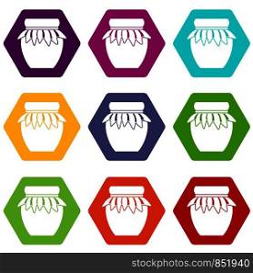 Jam in glass jar icon set many color hexahedron isolated on white vector illustration. Jam in glass jar icon set color hexahedron