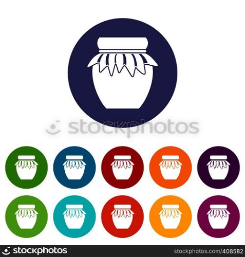 Jam in glass jar set icons in different colors isolated on white background. Jam in glass jar set icons