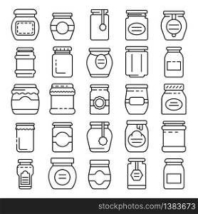 Jam jar icons set. Outline set of jam jar vector icons for web design isolated on white background. Jam jar icons set, outline style