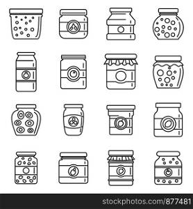 Jam jar jelly icons set. Outline set of jam jar jelly vector icons for web design isolated on white background. Jam jar jelly icons set, outline style