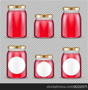 Jam jars, glass containers with pink fruit jelly, gelatin marmalade packs with cap mock up design. Blank preserve tubes of different sizes isolated on transparent background, Realistic 3d vector set. Jam jars, glass containers for fruit jelly set