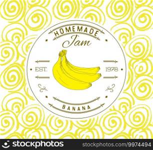 Jam label design template. for banana dessert product with hand drawn sketched fruit and background. Doodle vector Banana illustration brand identity.. Jam label design template. for banana dessert product with hand drawn sketched fruit and background. Doodle vector Banana illustration brand identity