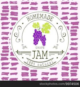 Jam label design template. for grape dessert product with hand drawn sketched fruit and background. Doodle vector Grape illustration brand identity.. Jam label design template. for grape dessert product with hand drawn sketched fruit and background. Doodle vector Grape illustration brand identity