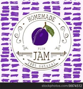 Jam label design template. for plum dessert product with hand drawn sketched fruit and background. Doodle vector plum illustration brand identity.. Jam label design template. for plum dessert product with hand drawn sketched fruit and background. Doodle vector plum illustration brand identity
