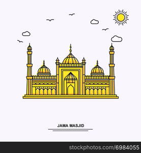 JAMA MASJID Monument Poster Template. World Travel Yellow illustration Background in Line Style with beauture nature Scene