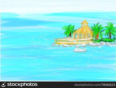 jamaica. ocean and abstract coast with house and palm