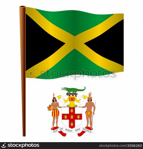 jamaica wavy flag and coat of arms against white background, vector art illustration, image contains transparency