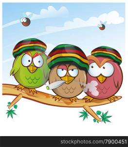 jamaican owl group cartoon . jamaican owl group cartoon on sky background
