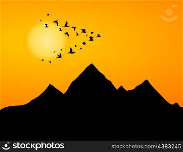 Jamb of cranes. The jamb of cranes flies by over mountain. A vector illustration