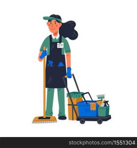janitor - female janitor in uniform holding mop and cleaning trolley. Cleaning service and hospital disinfection. Flat style vector illustration on white background. janitor - female janitor in uniform holding mop and cleaning trolley. Cleaning service and hospital disinfection. Flat style vector illustration on white background.